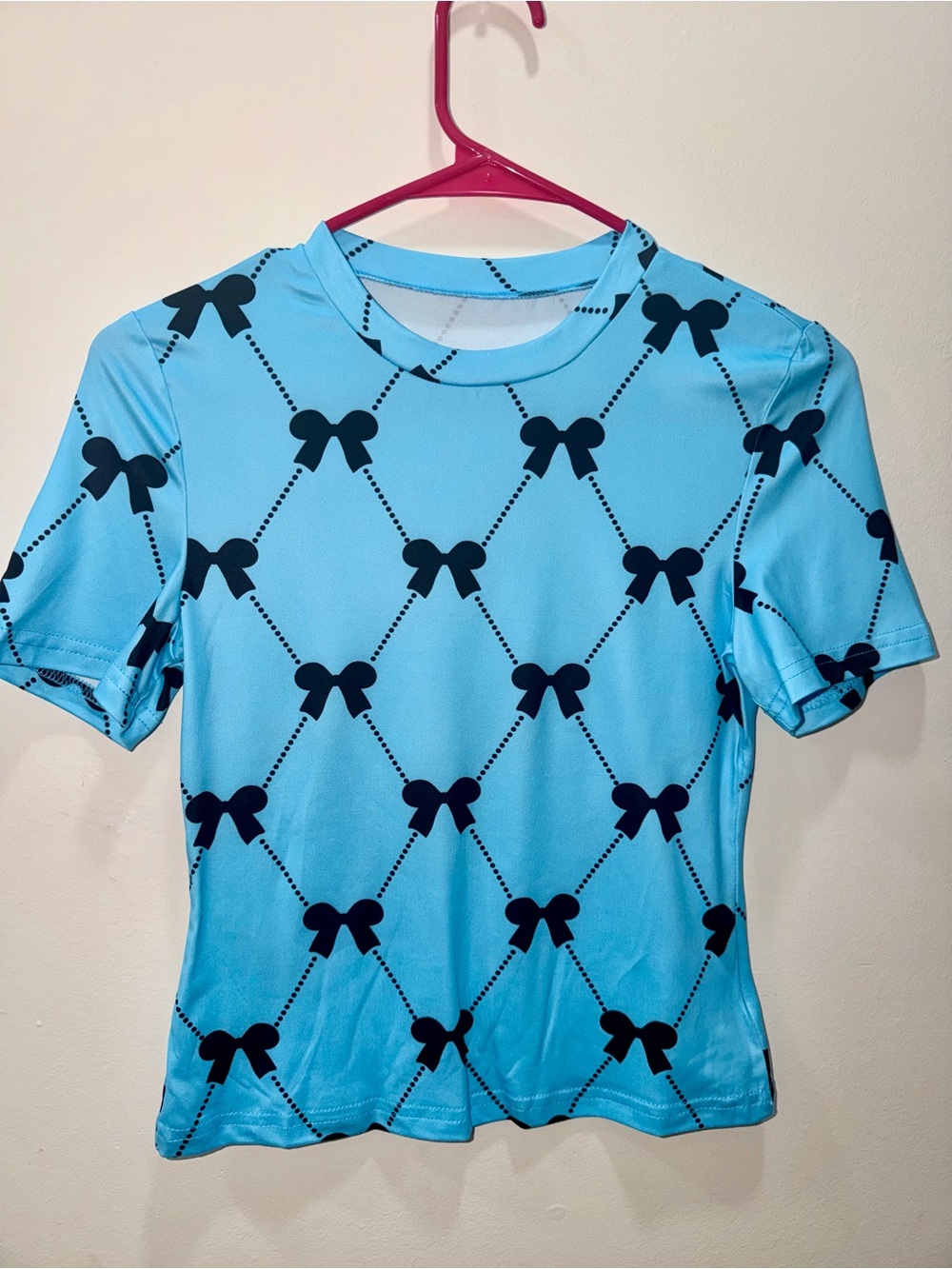 Girls' Blue Bow Print Short Sleeve Top